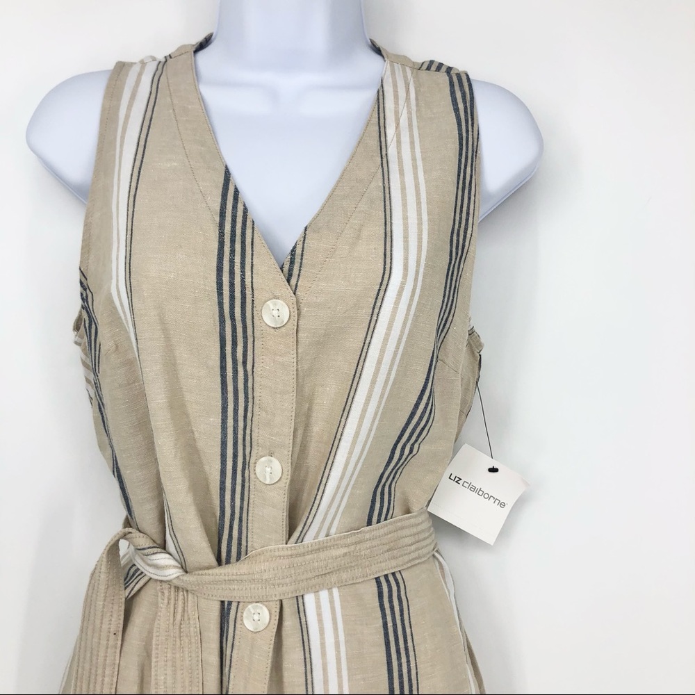 Liz Claiborne Medium Linen Sleeveless Tan/Khaki & Blue Striped Button Maxi Dress - Picture 4 of 7
